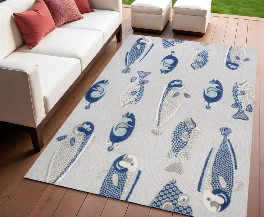 Gray And Navy Blue Animal Print Indoor Outdoor Area Rug Photo 1