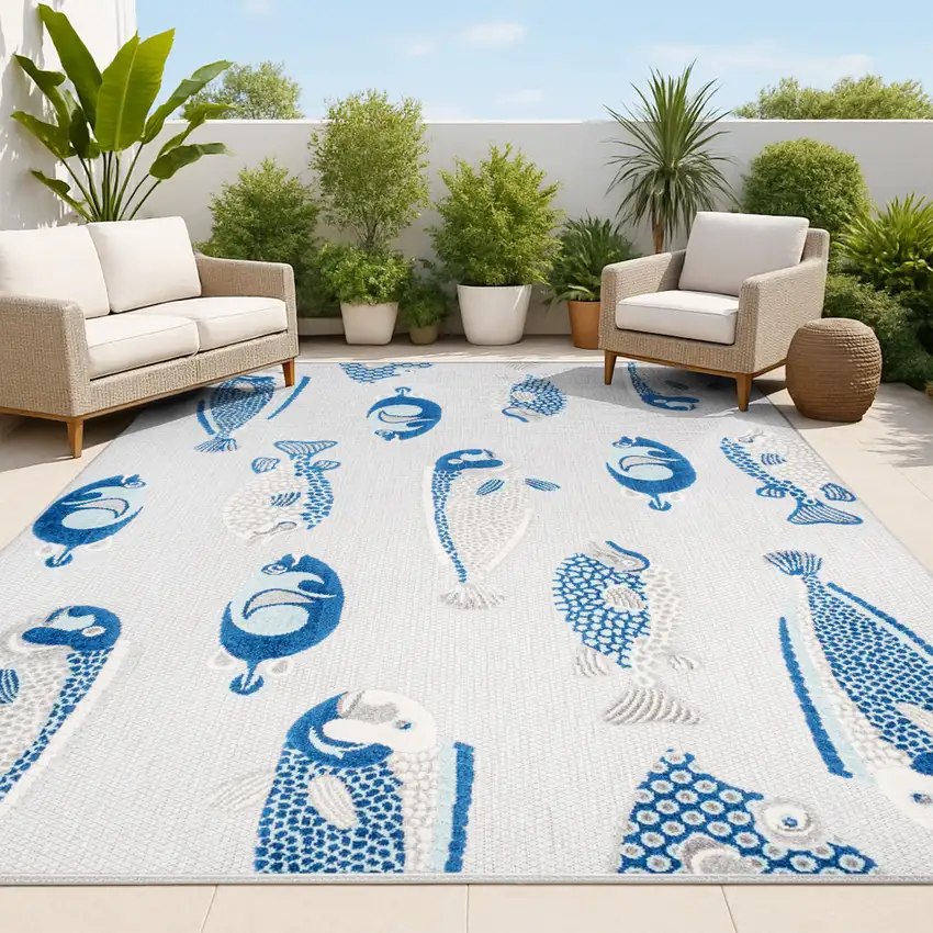 Gray And Navy Blue Animal Print Indoor Outdoor Area Rug Photo 5
