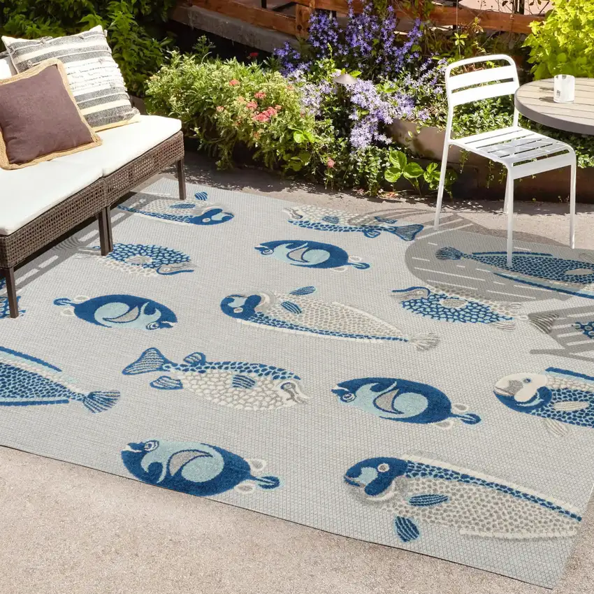 Gray And Navy Blue Animal Print Indoor Outdoor Area Rug Photo 9