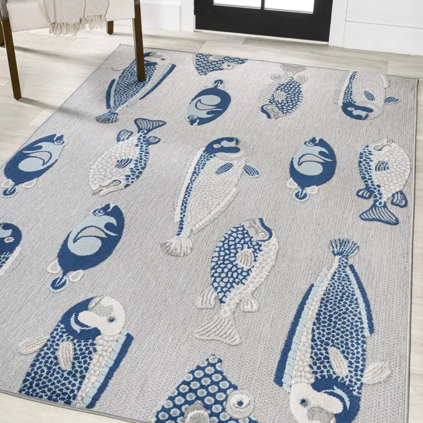 Gray And Navy Blue Animal Print Indoor Outdoor Area Rug Photo 6
