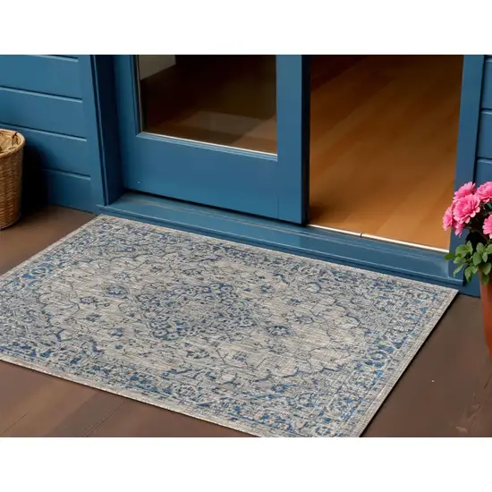 Gray And Navy Blue Medallion Indoor Outdoor Area Rug Photo 1