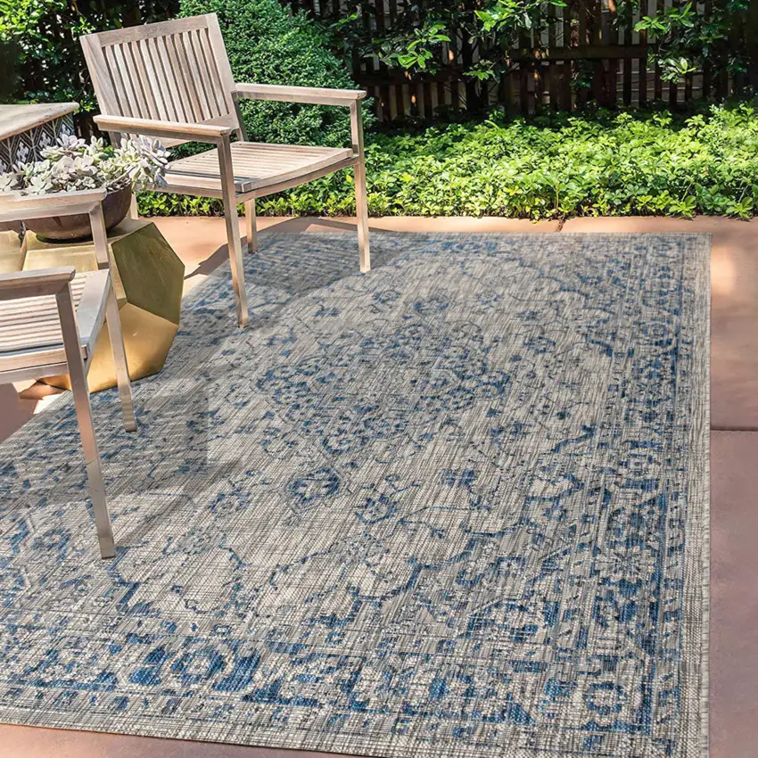 Gray And Navy Blue Medallion Indoor Outdoor Area Rug Photo 8