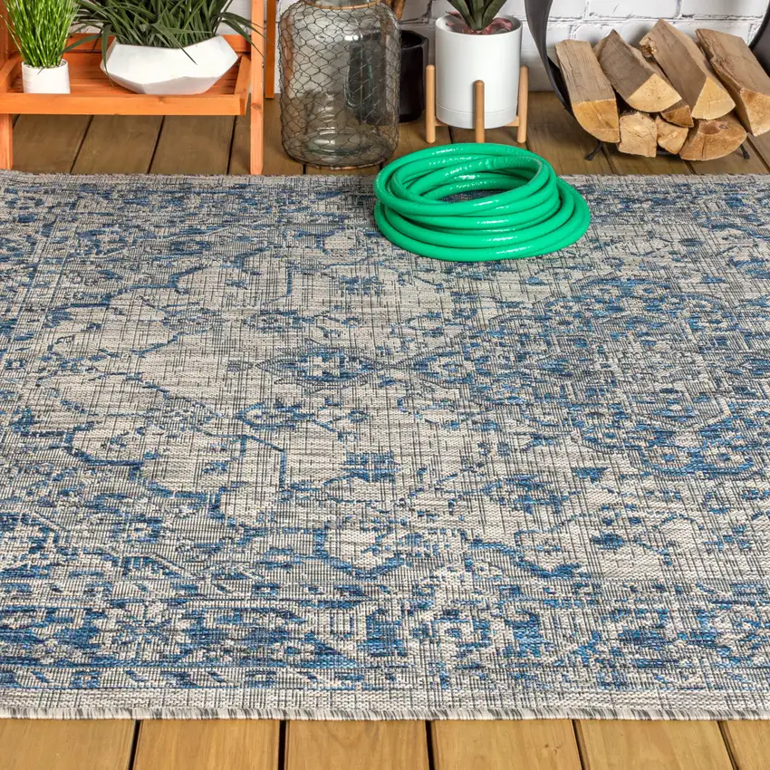 Gray And Navy Blue Medallion Indoor Outdoor Area Rug Photo 7