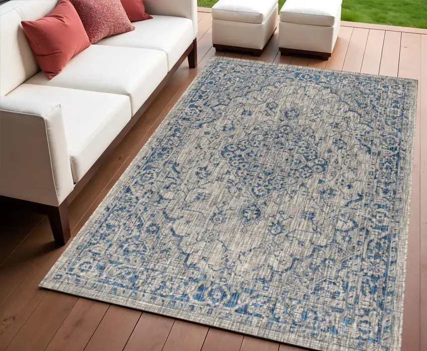 Gray And Navy Blue Medallion Indoor Outdoor Area Rug Photo 1