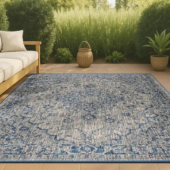 Gray And Navy Blue Medallion Indoor Outdoor Area Rug Photo 4
