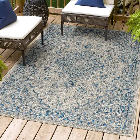Gray And Navy Blue Medallion Indoor Outdoor Area Rug Photo 9