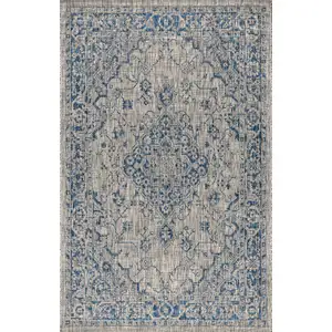 Photo of Gray And Navy Blue Medallion Indoor Outdoor Area Rug