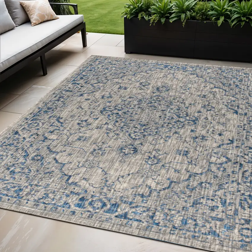 Gray And Navy Blue Medallion Indoor Outdoor Area Rug Photo 1