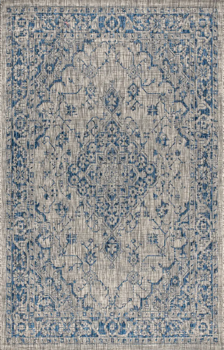 Gray And Navy Blue Medallion Indoor Outdoor Area Rug Photo 3