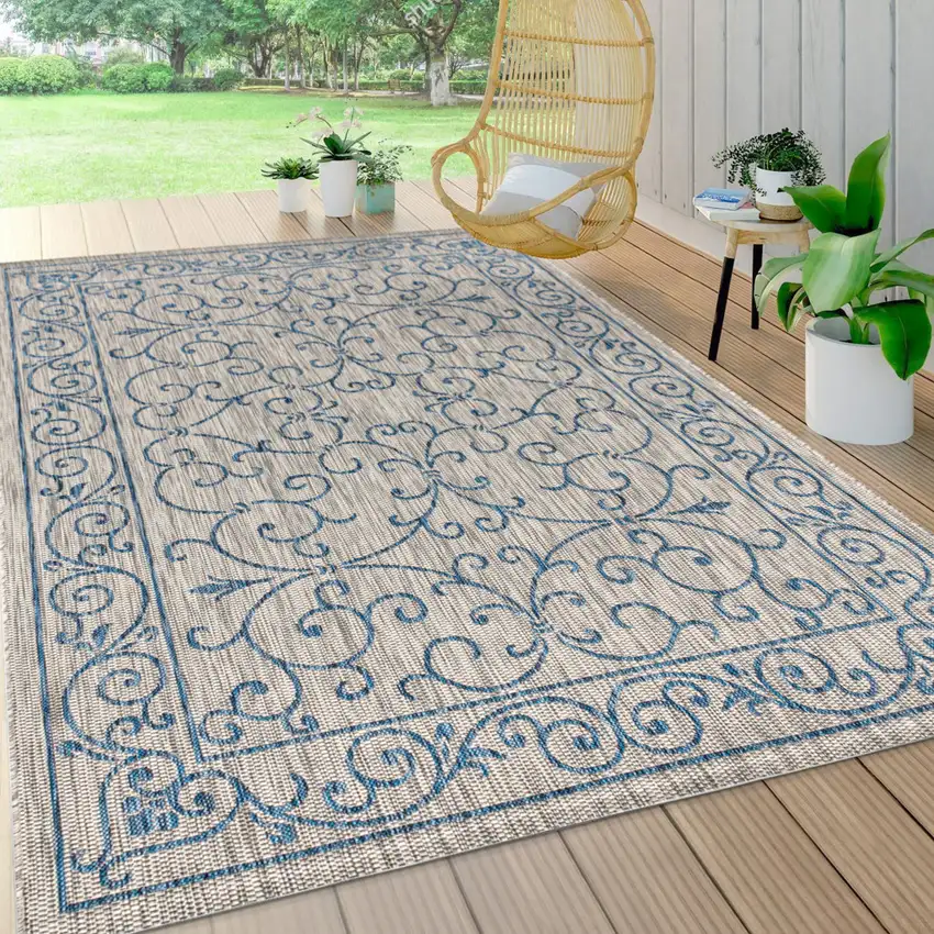 Gray And Navy Blue Medallion Indoor Outdoor Area Rug Photo 8