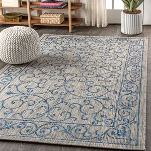 Photo of Gray And Navy Blue Medallion Indoor Outdoor Area Rug