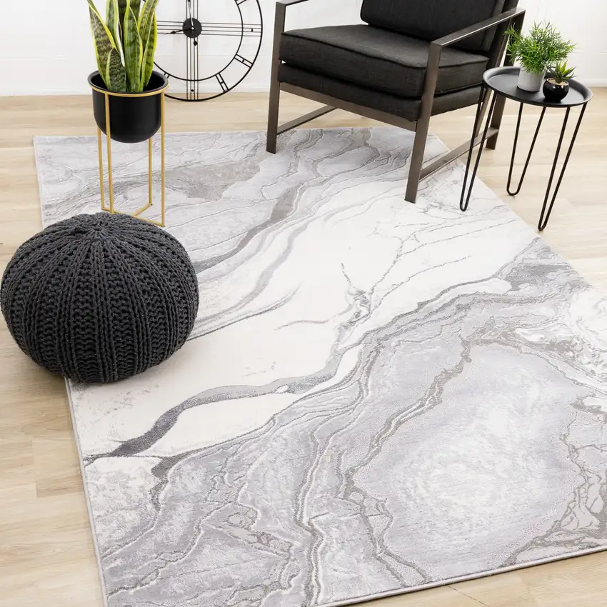 Gray And Off White Abstract Area Rug Photo 6