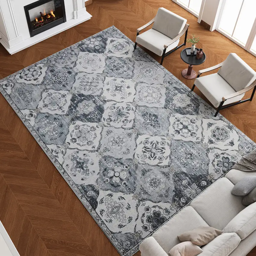 Gray And Off White Patchwork Distressed Washable Area Rug Photo 6