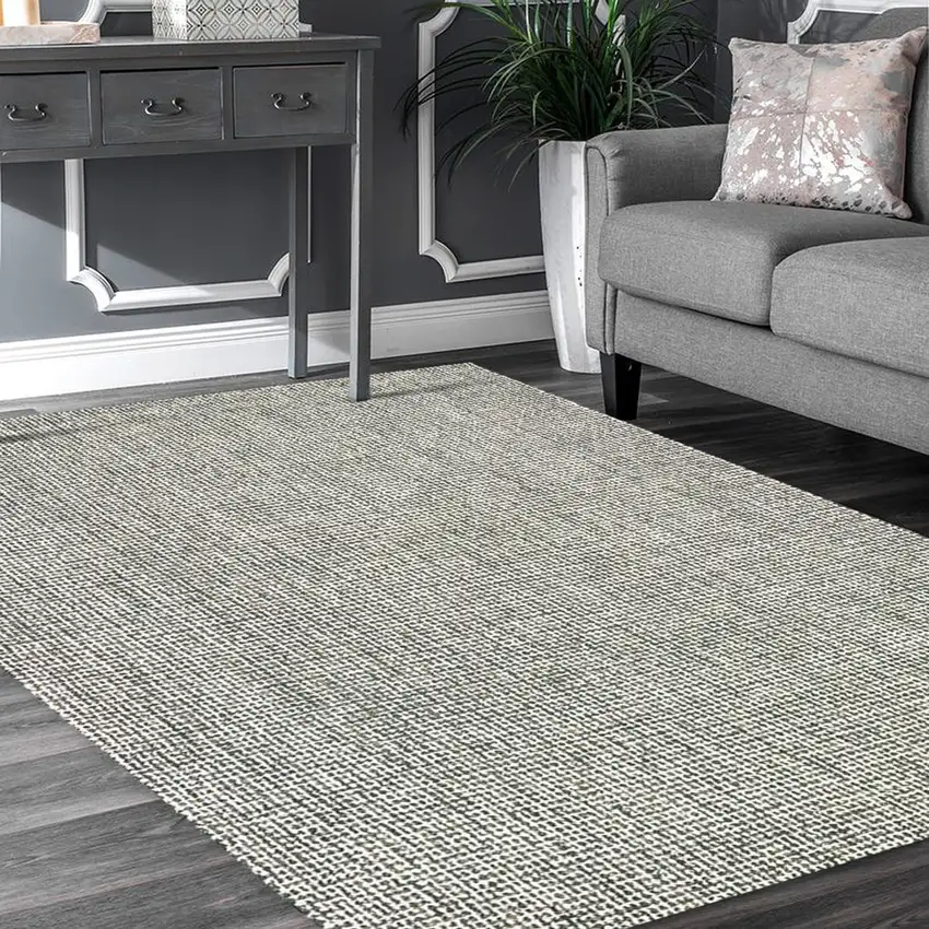 Gray And Off White Wool Checkered Hand Tufted Square Rug Photo 6