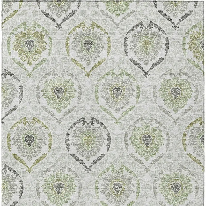Gray And Olive Green Medallion Washable Indoor Outdoor Area Rug Photo 7