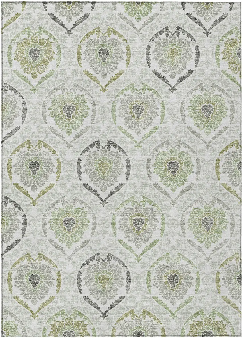 Gray And Olive Green Medallion Washable Indoor Outdoor Area Rug Photo 2