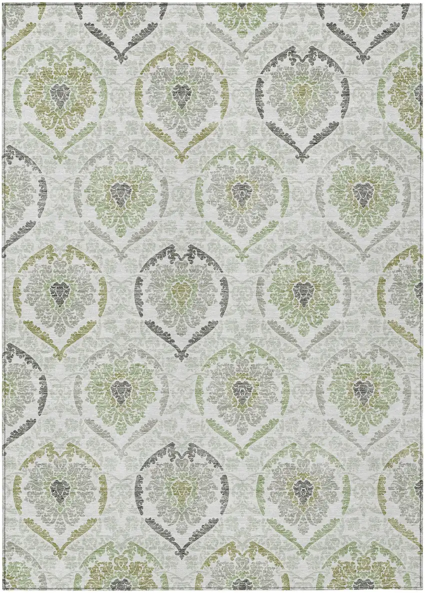 Gray And Olive Green Medallion Washable Indoor Outdoor Area Rug Photo 2