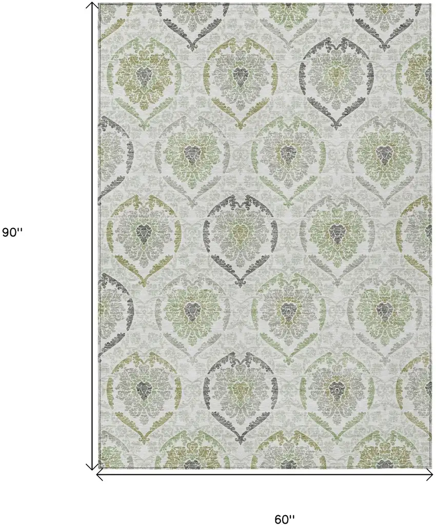 Gray And Olive Green Medallion Washable Indoor Outdoor Area Rug Photo 3