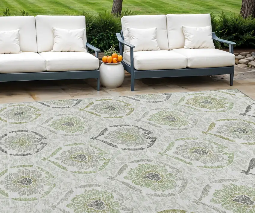 Gray And Olive Green Medallion Washable Indoor Outdoor Area Rug Photo 1