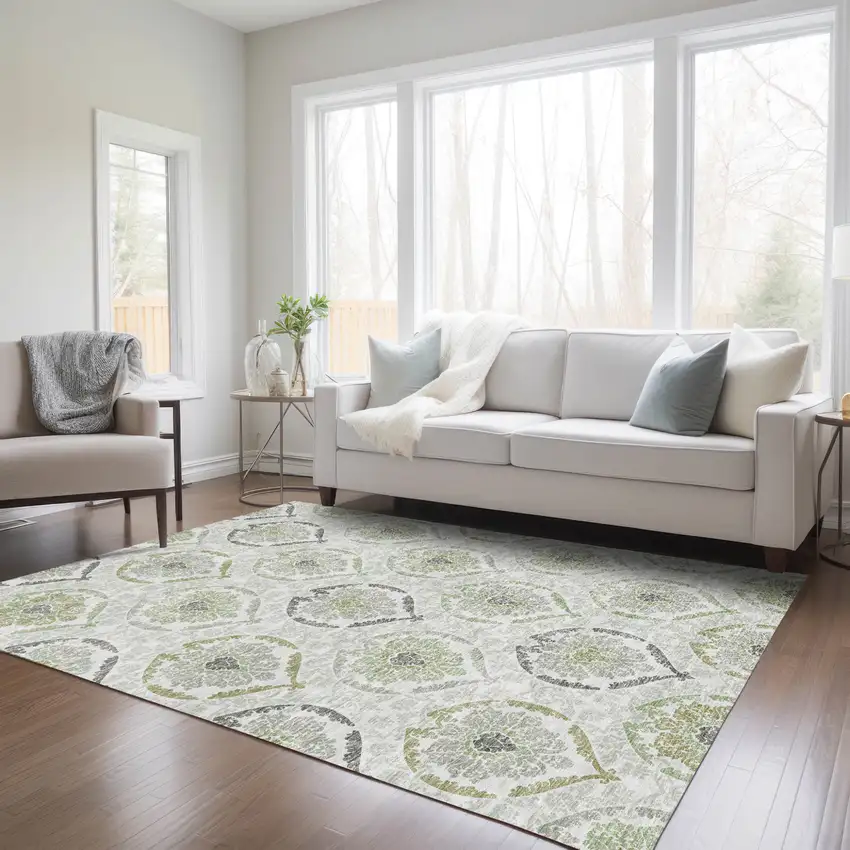 Gray And Olive Green Medallion Washable Indoor Outdoor Area Rug Photo 9
