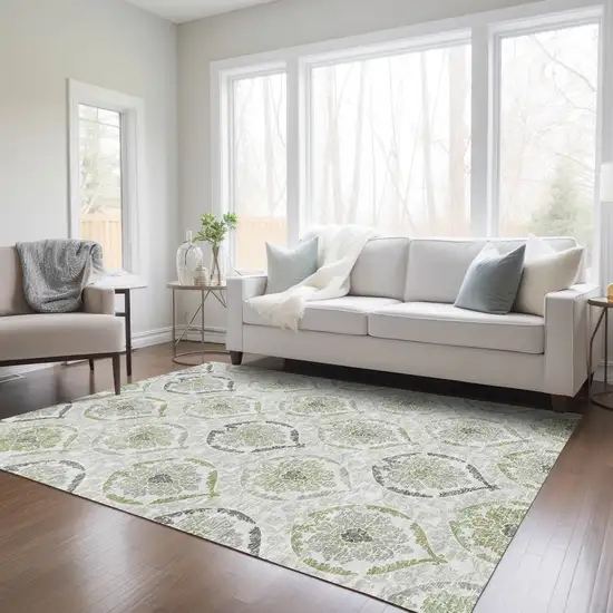 Gray And Olive Green Medallion Washable Indoor Outdoor Area Rug Photo 9