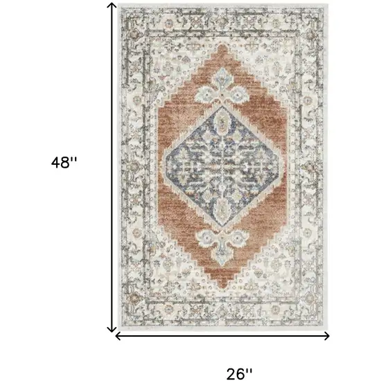 Gray And Orange Floral Medallion Distressed Washable Area Rug Photo 3