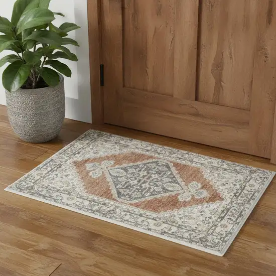 Gray And Orange Floral Medallion Distressed Washable Area Rug Photo 1
