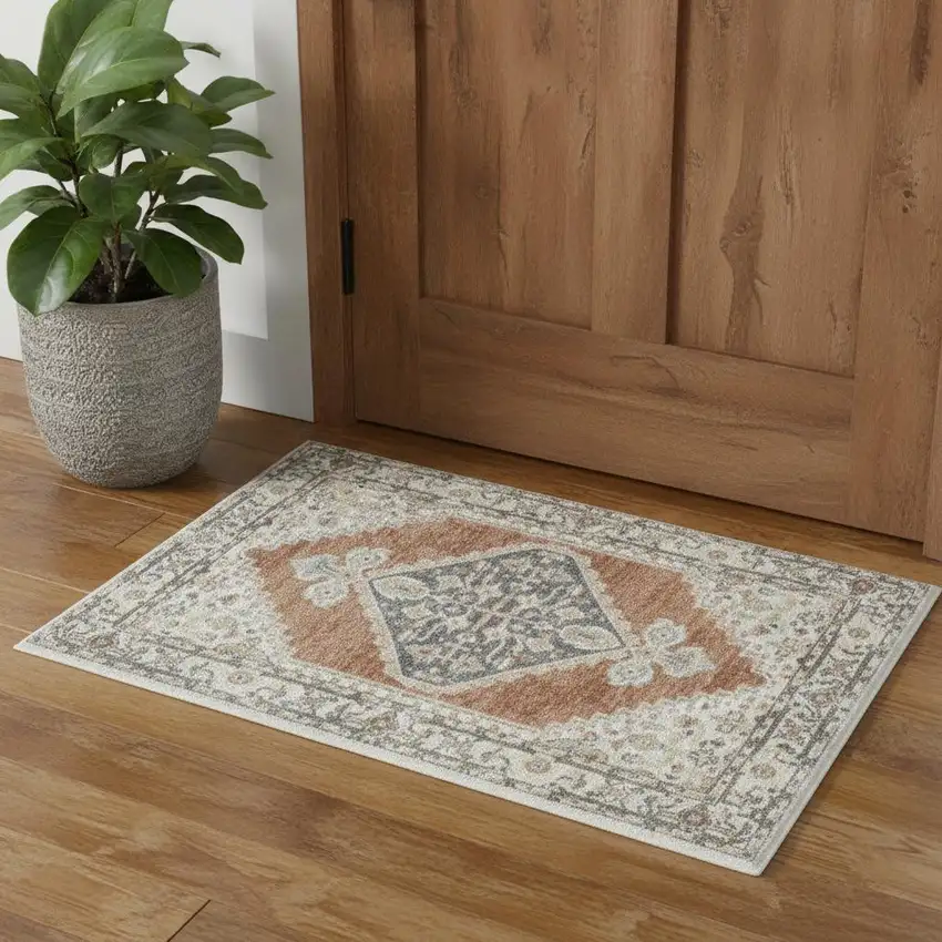 Gray And Orange Floral Medallion Distressed Washable Area Rug Photo 1