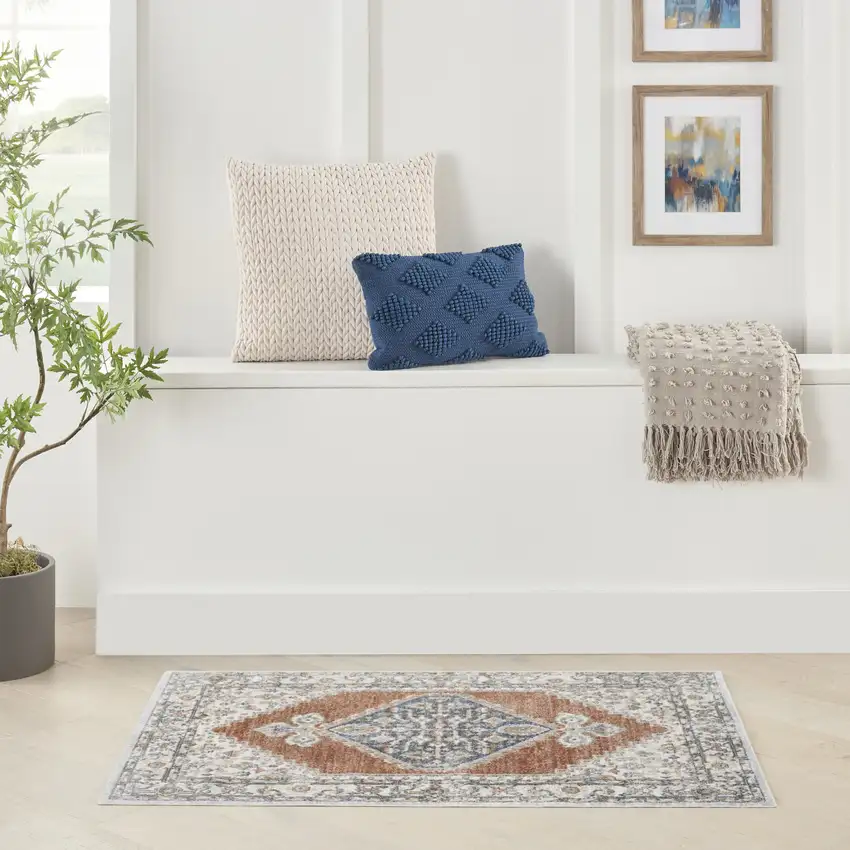 Gray And Orange Floral Medallion Distressed Washable Area Rug Photo 5