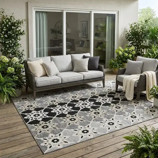 Gray And Pewter Floral Medallion Washable Indoor Outdoor Area Rug Photo 1