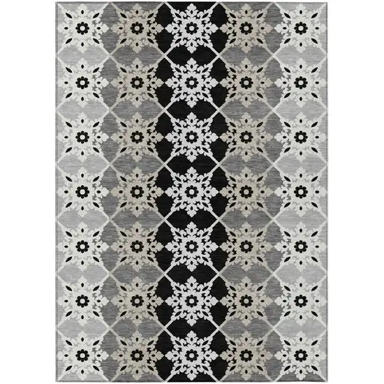 Gray And Pewter Floral Medallion Washable Indoor Outdoor Area Rug Photo 2