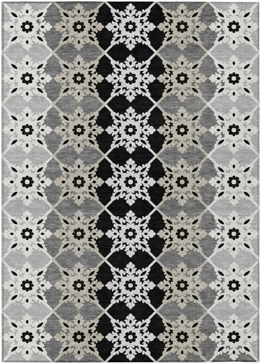 Gray And Pewter Floral Medallion Washable Indoor Outdoor Area Rug Photo 2