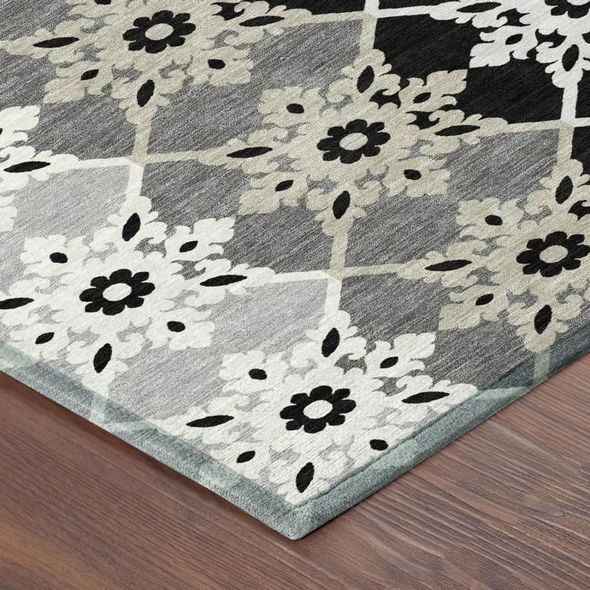 Gray And Pewter Floral Medallion Washable Indoor Outdoor Area Rug Photo 3