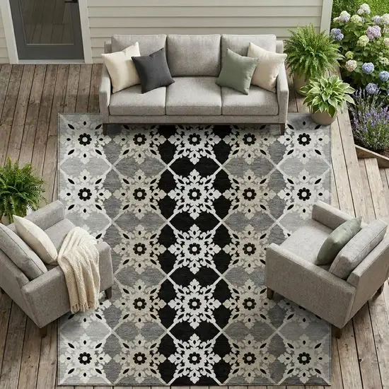 Gray And Pewter Floral Medallion Washable Indoor Outdoor Area Rug Photo 1