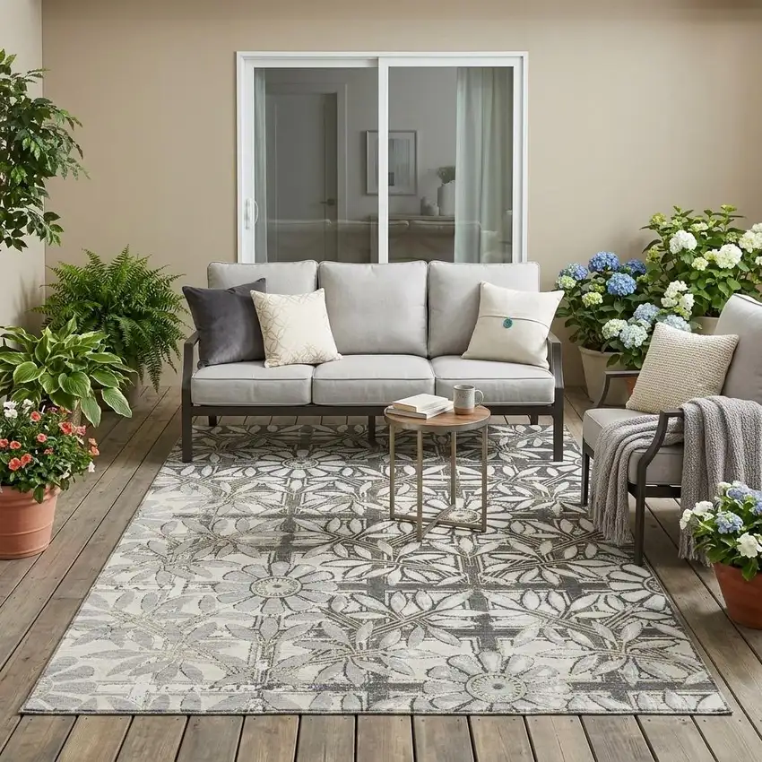 Gray And Pewter Floral Washable Indoor Outdoor Area Rug Photo 1