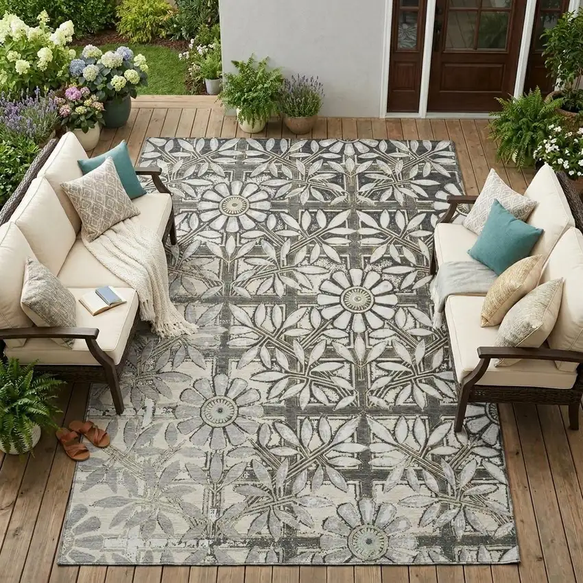 Gray And Pewter Floral Washable Indoor Outdoor Area Rug Photo 1