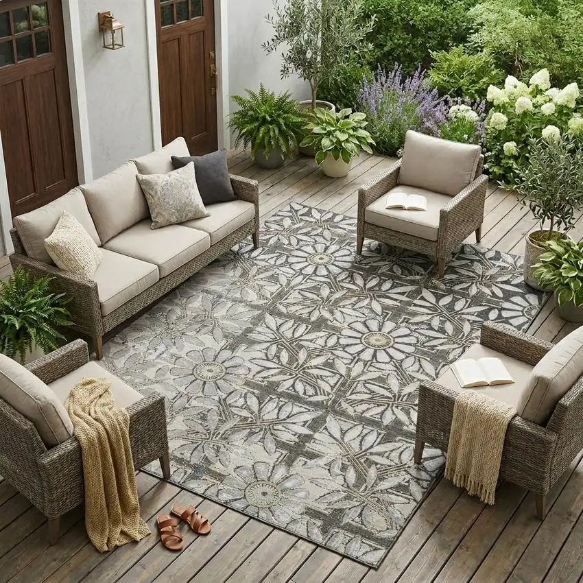 Gray And Pewter Floral Washable Indoor Outdoor Area Rug Photo 1