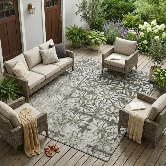Gray And Pewter Floral Washable Indoor Outdoor Area Rug Photo 1