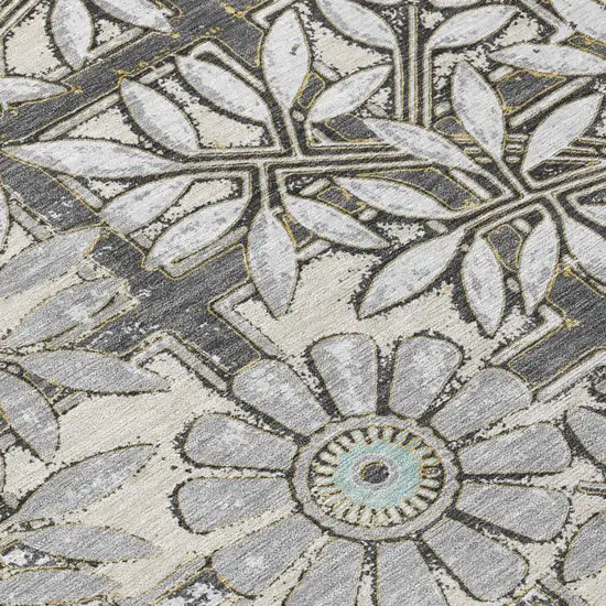 Gray And Pewter Floral Washable Indoor Outdoor Area Rug Photo 4