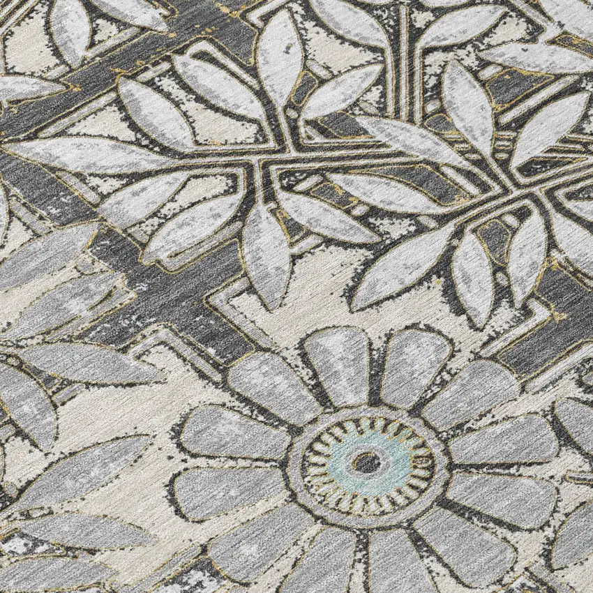 Gray And Pewter Floral Washable Indoor Outdoor Area Rug Photo 4