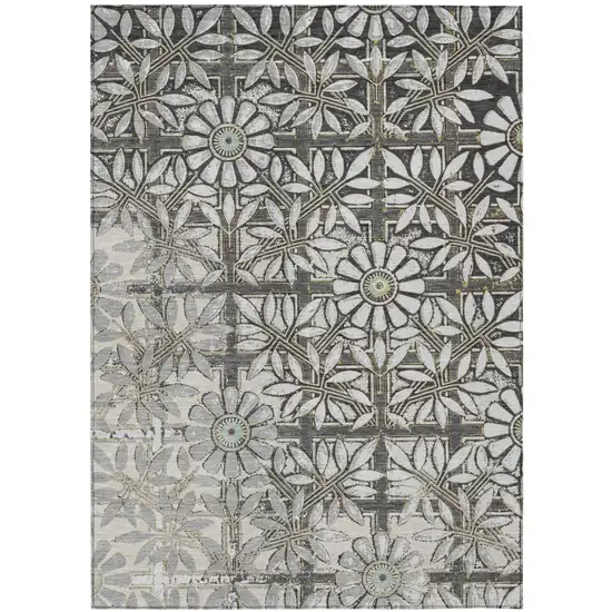 Gray And Pewter Floral Washable Indoor Outdoor Area Rug Photo 2