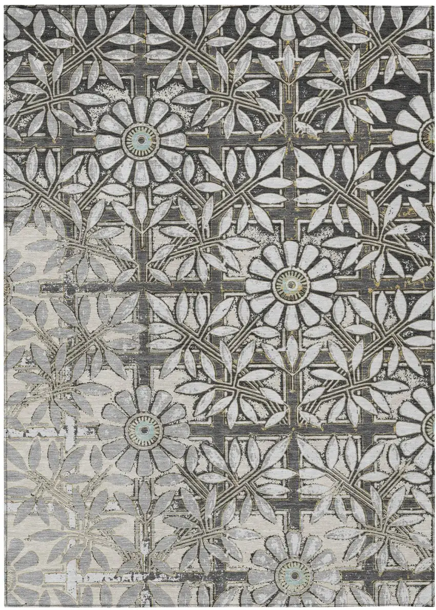 Gray And Pewter Floral Washable Indoor Outdoor Area Rug Photo 2