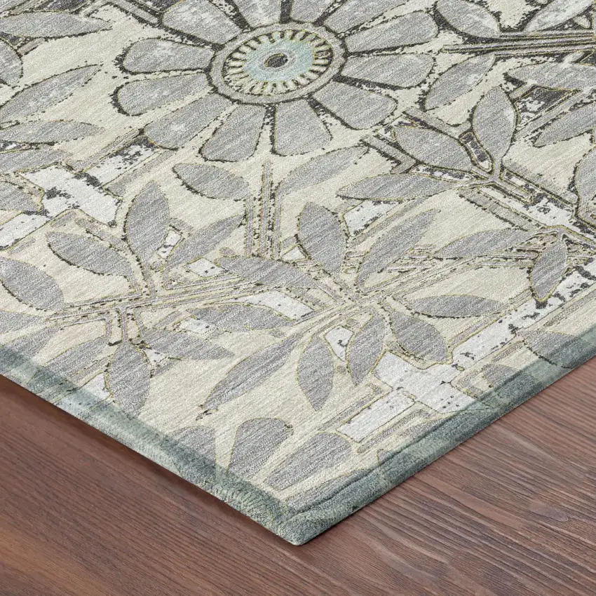 Gray And Pewter Floral Washable Indoor Outdoor Area Rug Photo 3