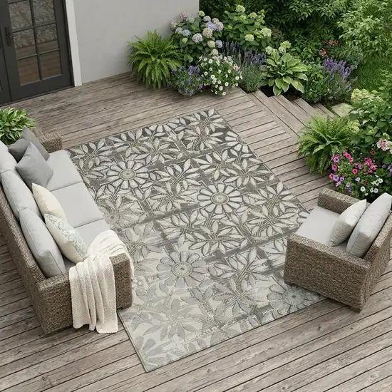 Gray And Pewter Floral Washable Indoor Outdoor Area Rug Photo 1