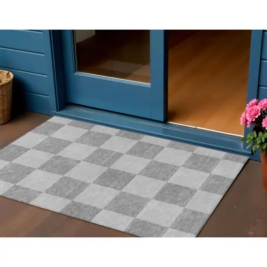 Gray And Pewter Geometric Washable Indoor Outdoor Area Rug Photo 1