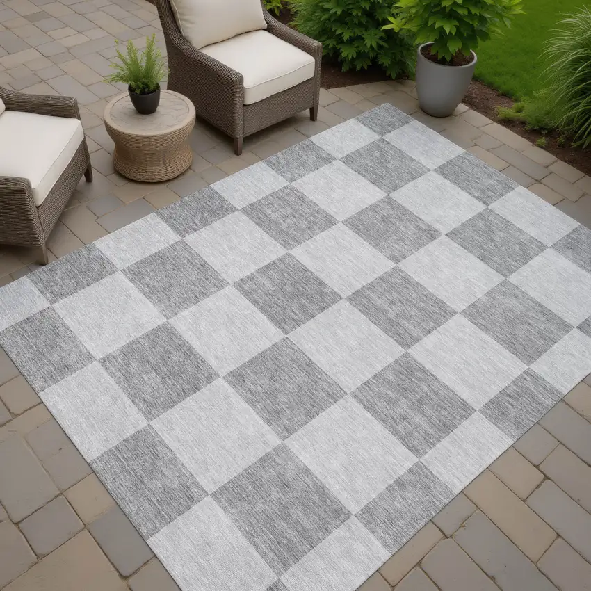Gray And Pewter Geometric Washable Indoor Outdoor Area Rug Photo 6