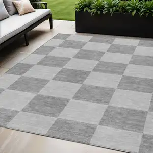 Photo of Gray And Pewter Geometric Washable Indoor Outdoor Area Rug