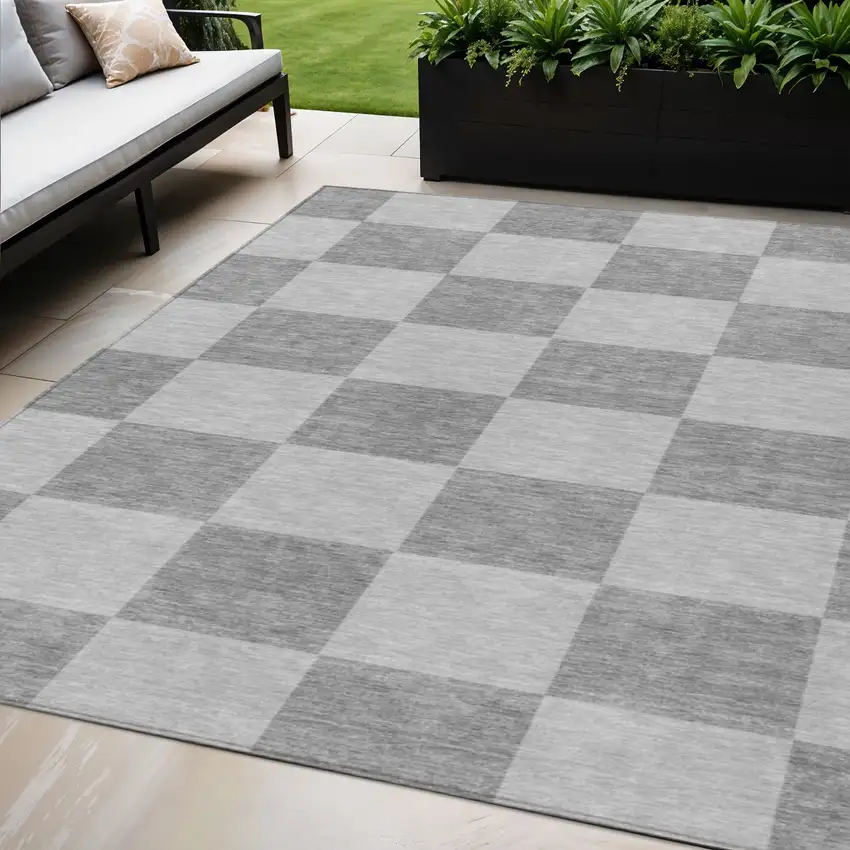 Gray And Pewter Geometric Washable Indoor Outdoor Area Rug Photo 1