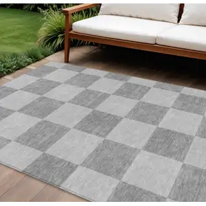 Photo of Gray And Pewter Geometric Washable Indoor Outdoor Area Rug