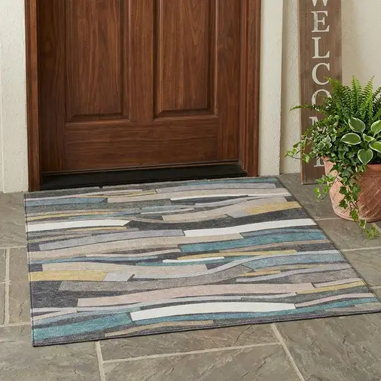 Gray And Pewter Striped Washable Indoor Outdoor Area Rug Photo 1